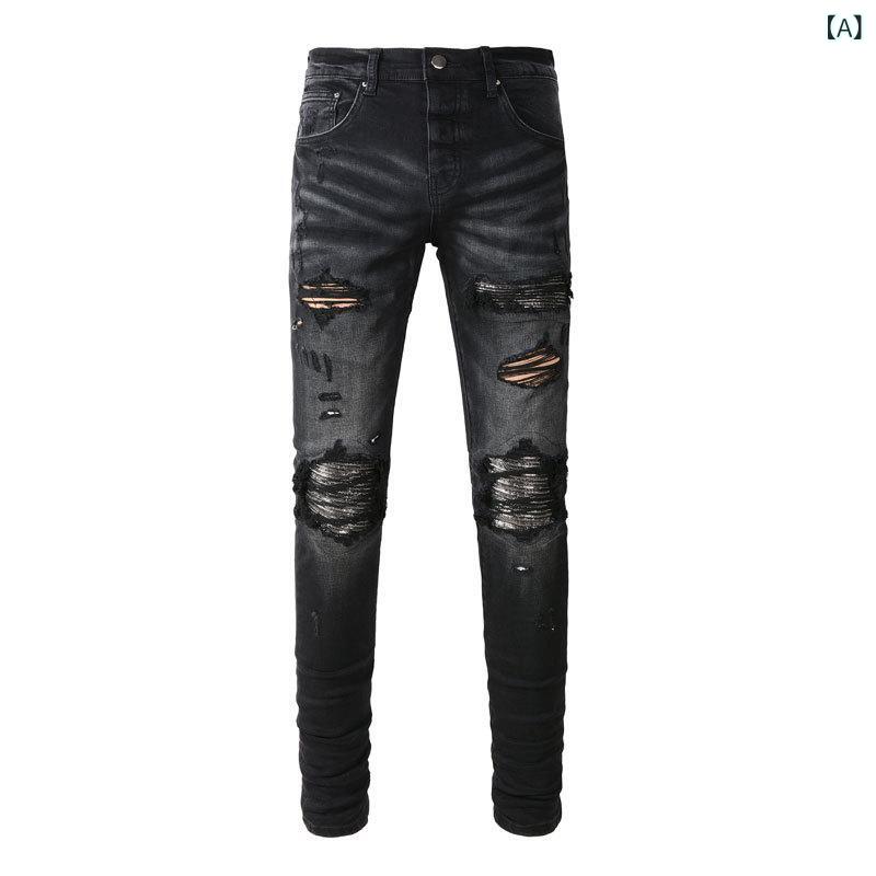 メンズ デニムパンツ ビンテージ加工 ディストレスト ブラックグレー 光沢パッチ 伸縮性 スリムフィット スリムレッグ カジュアル ストリートファッション ジーンズ ズボン 日常使い 軽量 コットン混