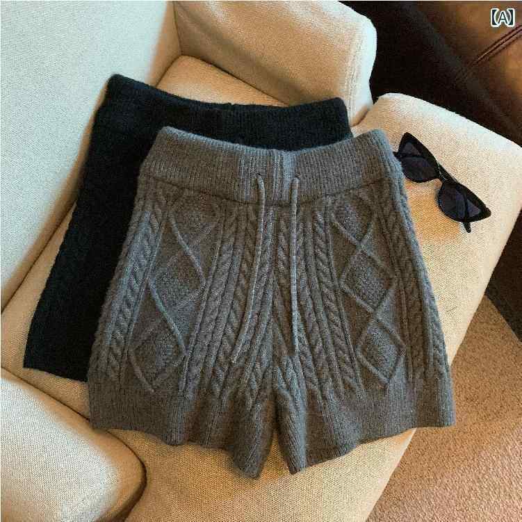 レディース　フィットネス　レギンス ダーク グレーの ニット ツイスト ワイド レッグ ウール ショーツ レディース 秋冬 商品 アウターウェア カジュアル ボトムス ハイウエスト スポーツ パンツ