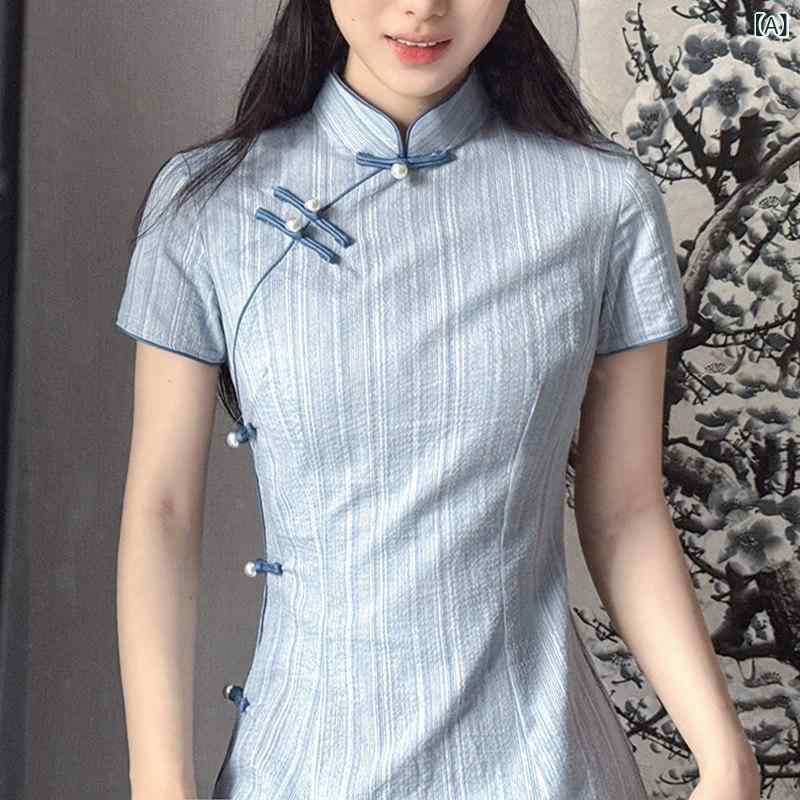 ドレス　チャイナ　レディース 青い チャイナ ドレスの 女の子 夏の 2025 文芸 復古 新型 チャイナ風 若見え ドレス 日常 着