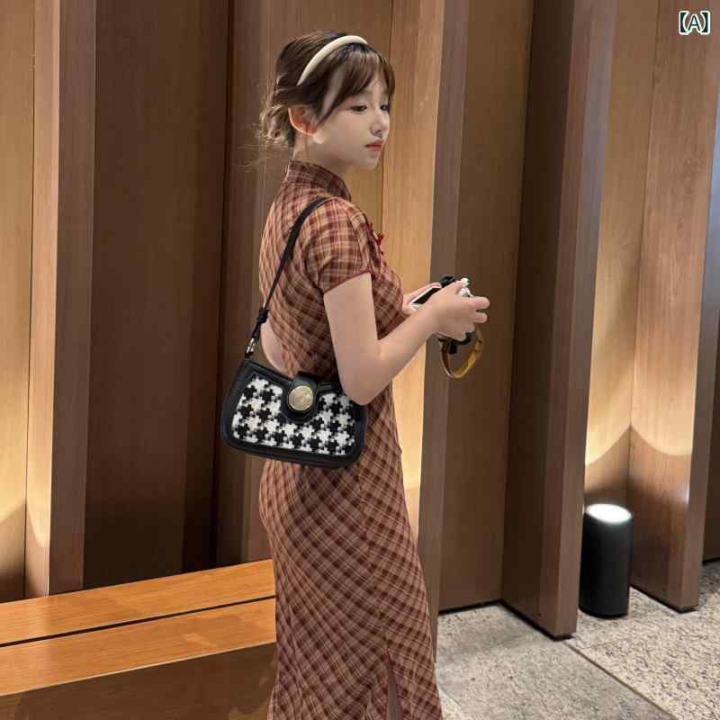 ドレス　チャイナ　レディース チェック 柄 チャイナ ドレス 女性 夏 少女 2025 新型 レトロ スタイル小