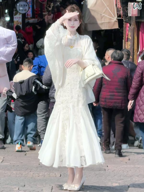ドレス　チャイナ　レディース チャイナ風 優しい 白い 月光の 高級 ウエスト チャイナ ドレス ショール スーツ 春の 婦人服