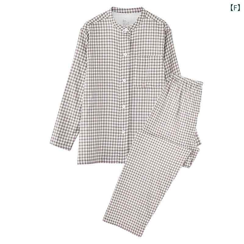 パジャマ　レディース　かわいい 品質の パジャマ サイド シームなし 綿 ガーゼ 春秋 夏 メンズ カップル スタンドカラー 小 チェック 柄 ホームウェア