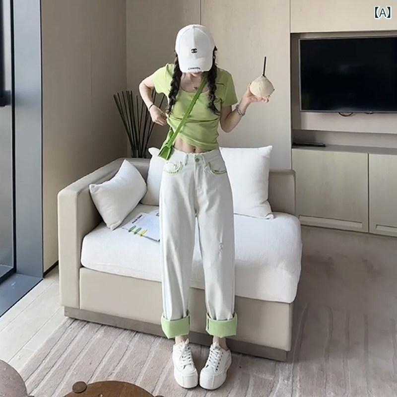 セットアップ　レディース　カラー ドーパミン カジュアル ファッション スポーツ スーツ 女性用 夏 ストリート ブラスト エイジレス グリーン 半袖 ホワイト ジーンズ ツーピース