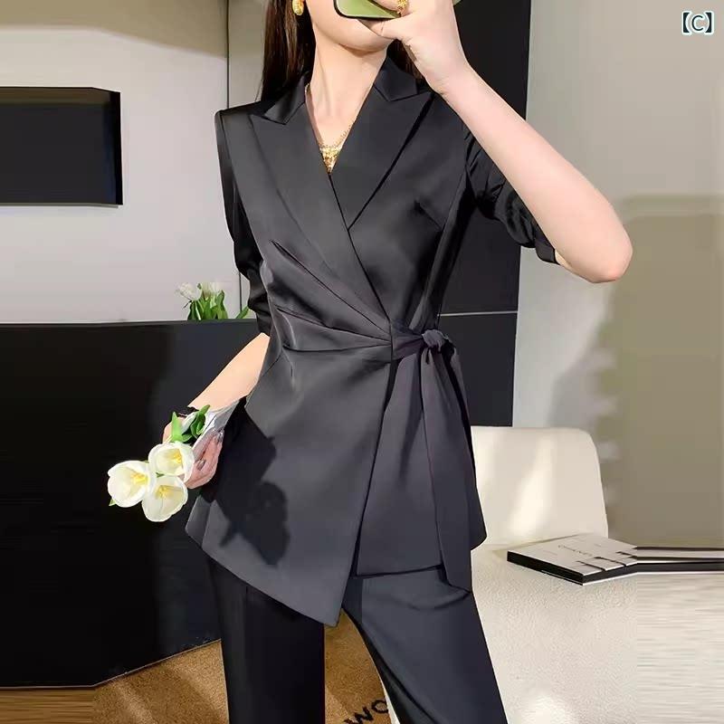 セットアップ　レディース　カラー 女性用 夏 スーツ 2025 ファッション 高級 薄手 アセテート サテン ピンク ツーピース