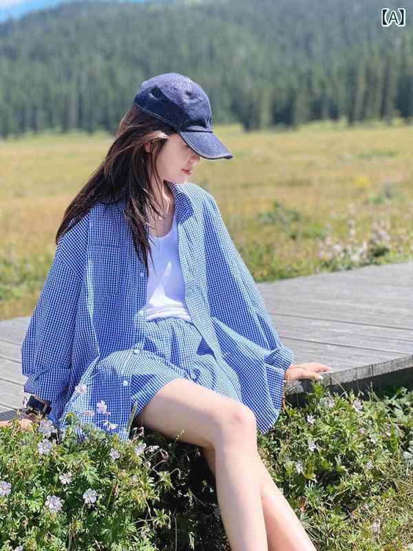 セットアップ　レディース　カラー 韓国 東大門 夏 青と 白の チェック 柄 ボタン ダウン 小さめの 爽や かな シャツ ショート パンツ ファッション カジュアル スーツ 女性