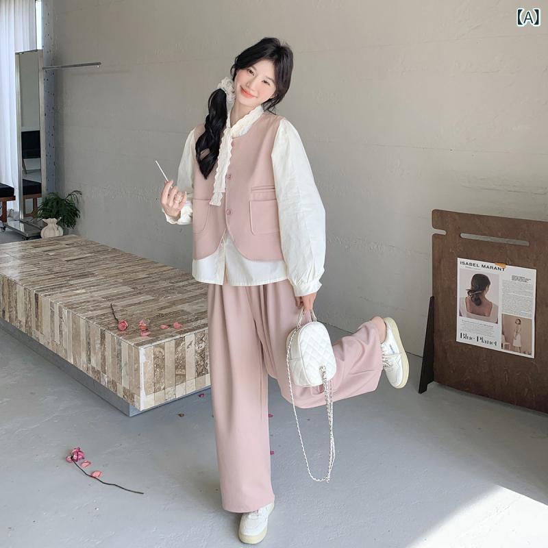 セットアップ　レディース　カラー ピンクの ベスト スーツ 女性用 春 2025 白い レイヤリング シャツ 小さい 年齢を 減らす カジュアル パンツ スリーピーススーツ｜SEIYUショップ