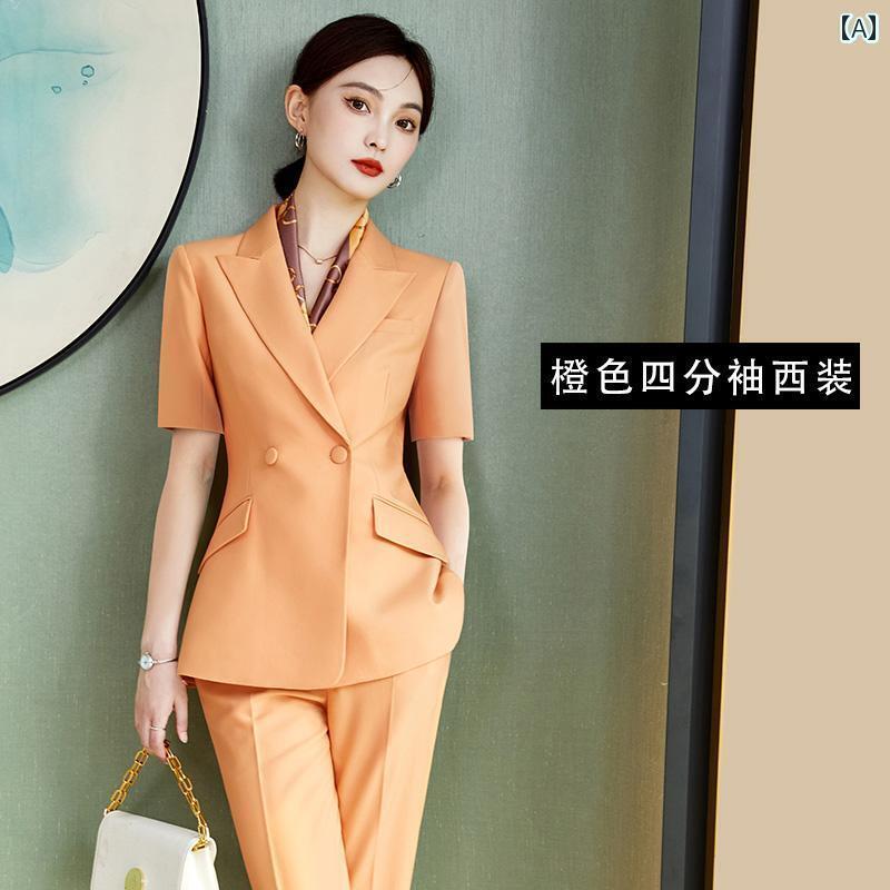 セットアップ　レディース　カラー 夏の 女性用 プロ スーツ 薄手 スタイル な ライト オレンジの ジャケット 高級 美容院 作業着