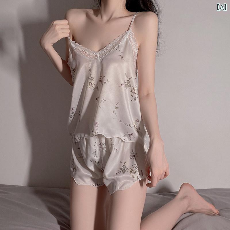 レース　キャミソール　トップス 魅惑的 パジャマ 女性 夏 薄手 レースな 冷感 キャミソール ショーツ ホーム 服 ツーピース スーツ