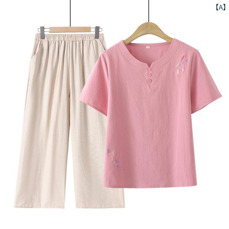 レディース　カジュアル　ウェア 夏の 母親の 刺繍 スーツ 綿 麻 半袖 Tシャツ トップスおばあちゃん 服 九分丈 パンツ 女性