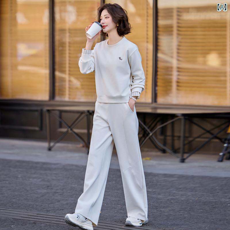 レディース　カジュアル　ウェア 韓国 ベージュ スポーツウェア スーツ 女性用 2025 早春 年齢 軽減 ラウンドネックプルオーバー 刺繍入り スウェットシャツ ワイド レッグ パンツ ツーピース