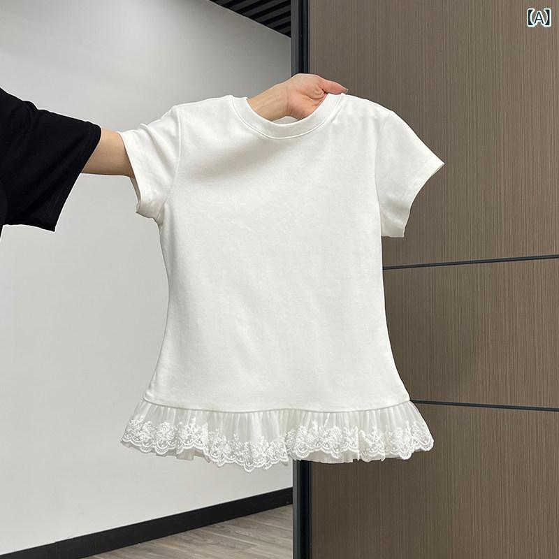 レディース　インナー　サスペンダー ホット ガール 裾 レース 半袖 Tシャツ 女性 2025 夏な ストレート ショルダー ショート トップ