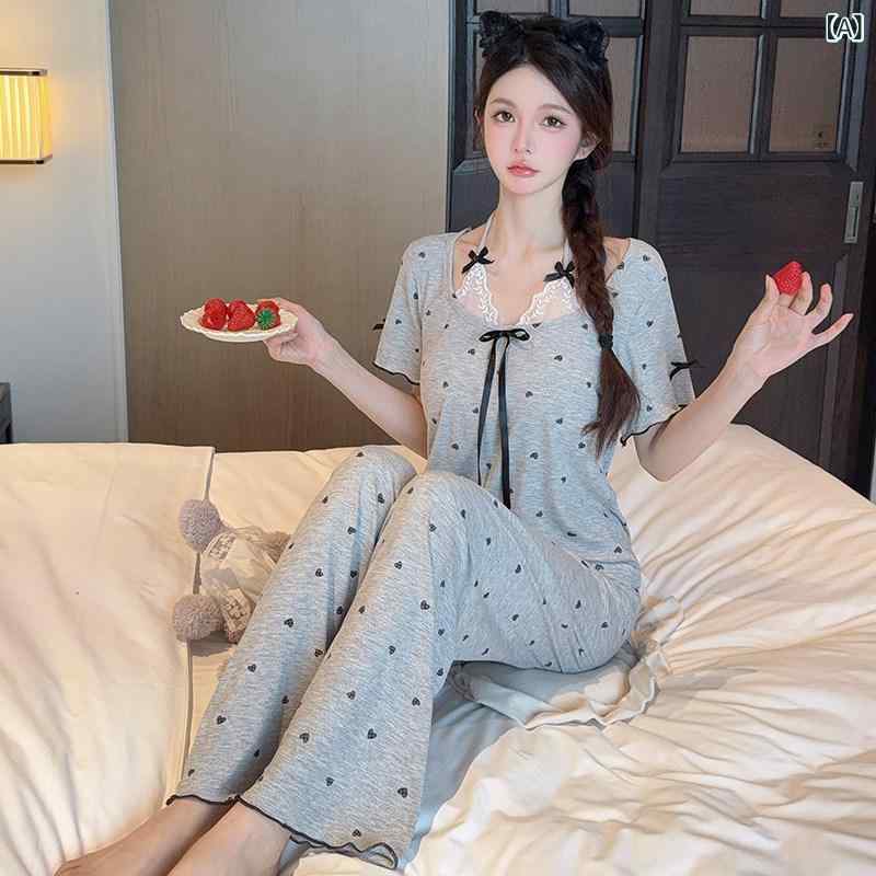 レディース　インナー　サスペンダー モダールコットン アウターウェア 胸 パッド 付き パジャマ レディース 夏用 甘くて 魅惑的 レースの 半袖 スーツ ホームウェア