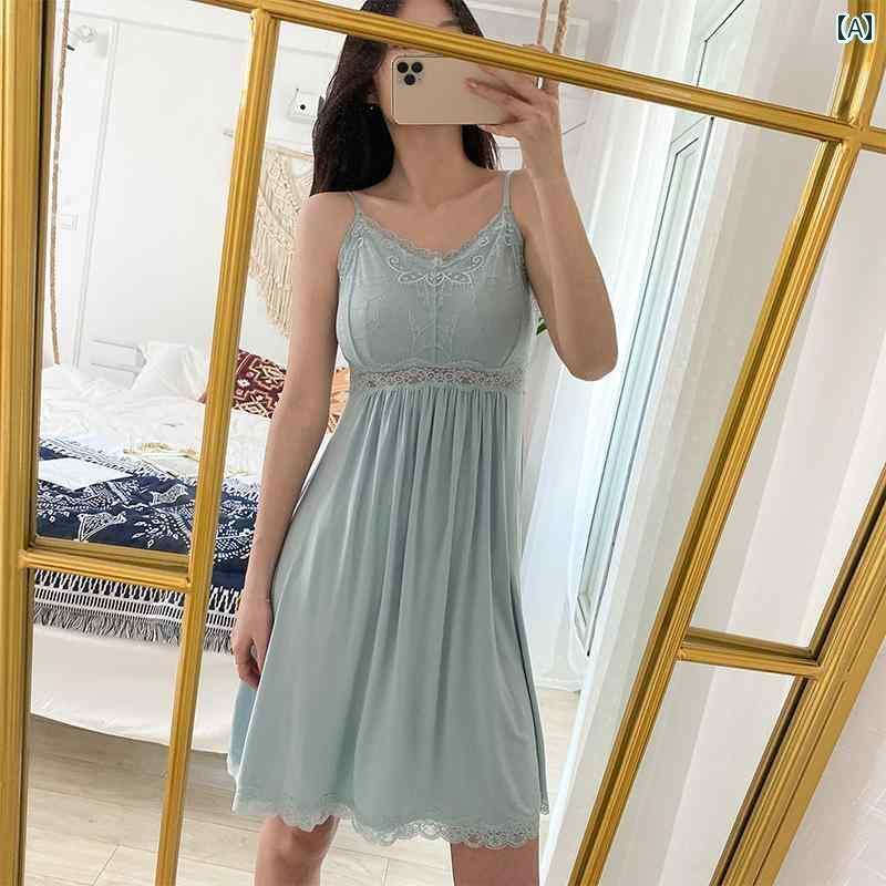 レディース　インナー　サスペンダー 女性用 魅惑的 ナイトドレス 夏の新 スタイル 胸 パッド 付き モダール 薄手 パジャマ レース ゆったり ホーム サスペンダー スカート