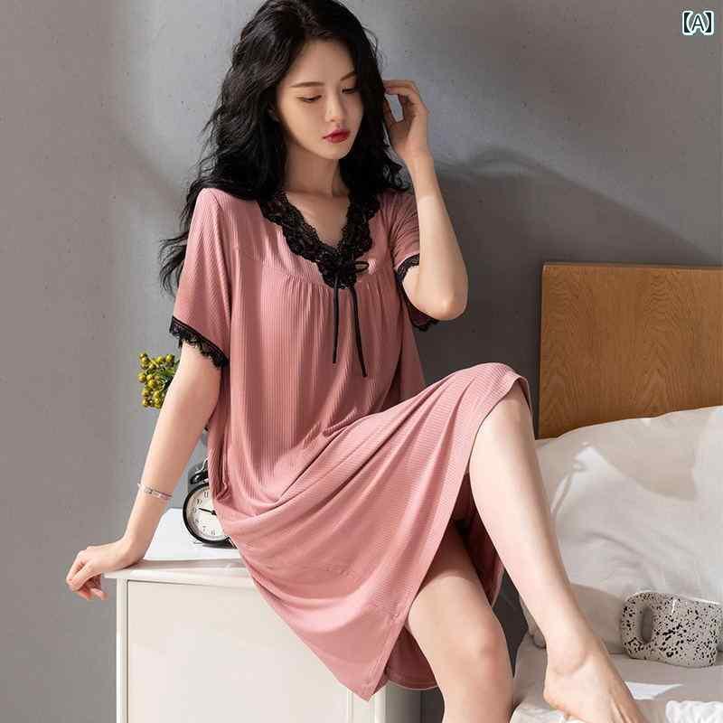 レディース　インナー　サスペンダー 夏用の 女性用 パジャマ モダール ナイトドレス 胸 パッド 付き 半袖 無地 大きいサイズ ゆったり 魅惑的 レース ホームウェア