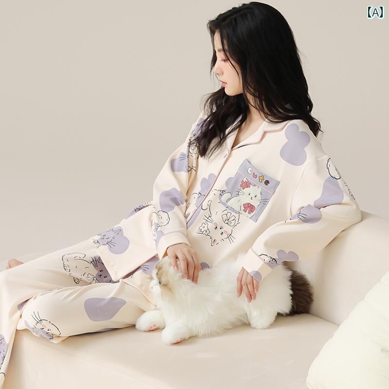 パジャマ　上下　薄手 パジャマ レディース 春秋 夏 綿 2025 新型 長袖 猫 プリント ホーム 服 スーツは 外で 着る ことが できます 9,117円
