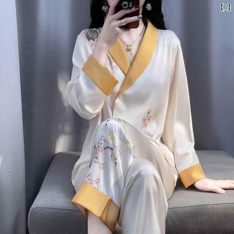 レディース　ツーピース　シルク 秋 女性用 高級 シルクプリント パジャマ 軽い スーツ レトロ 民族 風 桑の 絹の 家庭 服 外で 着用 可能