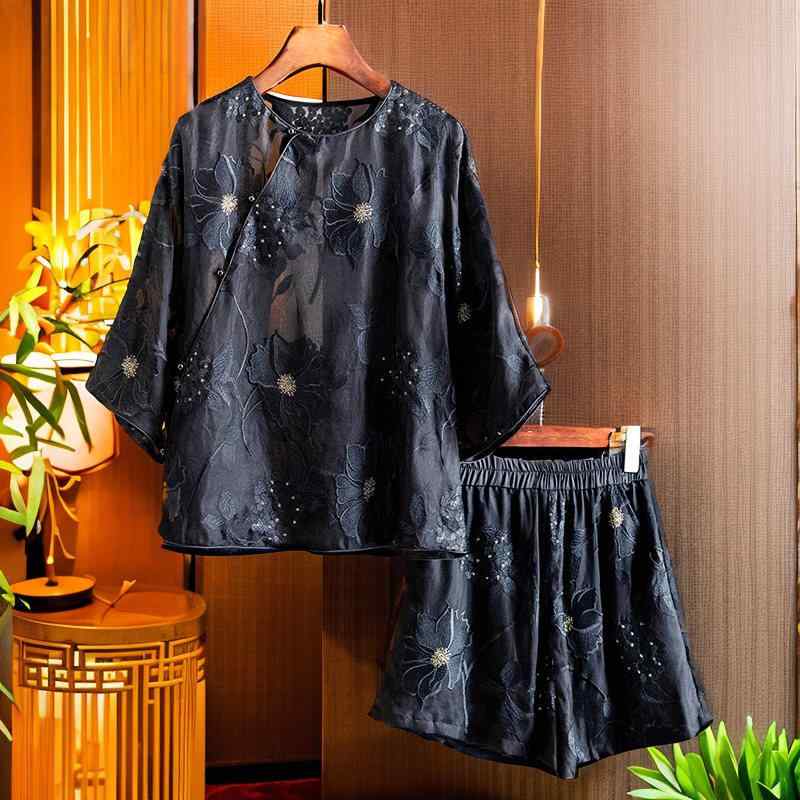 セットアップ レディース 上下セット ブラウス ショートパンツ 七分袖 新中式 刺繍入り シルク 桑蚕 silk 高級感 きれいめ 上品 エレガント 涼しい 快適 ナチュラル トップス パンツ 2点セット ゆったり 大きいサイズ 体型カバー 着痩せ 細見｜SEIYUショップ