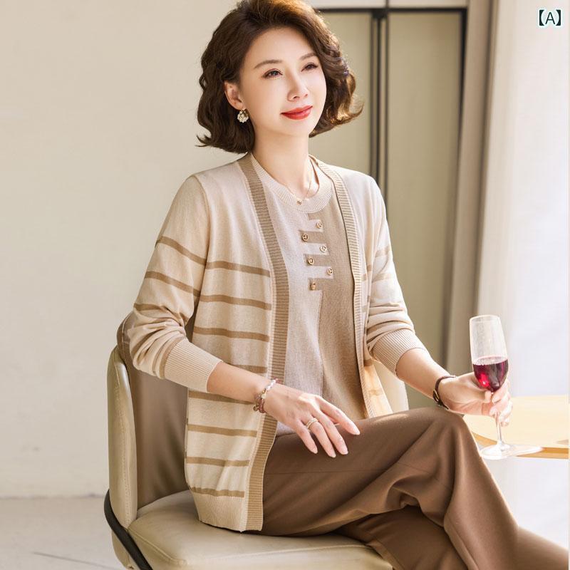 レディース　ツーピース　シルク 母の 春服 の 桑 絹 ニット ツーピース コート 中年 婦人服 春秋 カーディガン 薄手