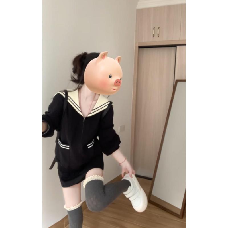 レディース　カジュアル　トップス 韓国 ネイビーカラー コントラスト ブラック セーター スーツ ジャケット ツーピース スカート 早春 小さい 衣装 カレッジ スタイル