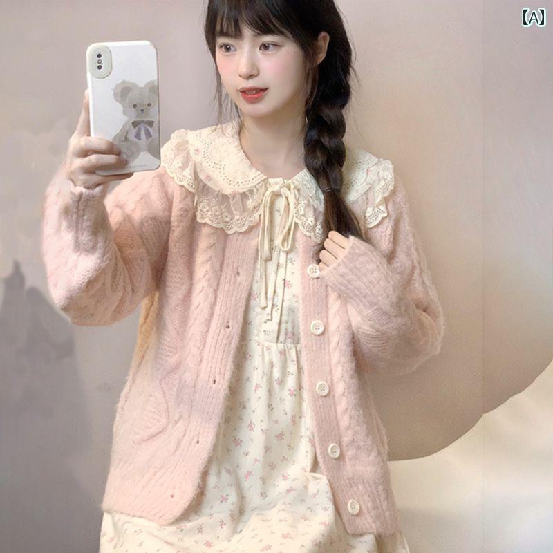 レディース トップス カジュアル 2024 春 和風 甘くて かわいい ラウンドネック カーディガン セーター ドール ネック 花柄 スカート 学生 ツーピース セット