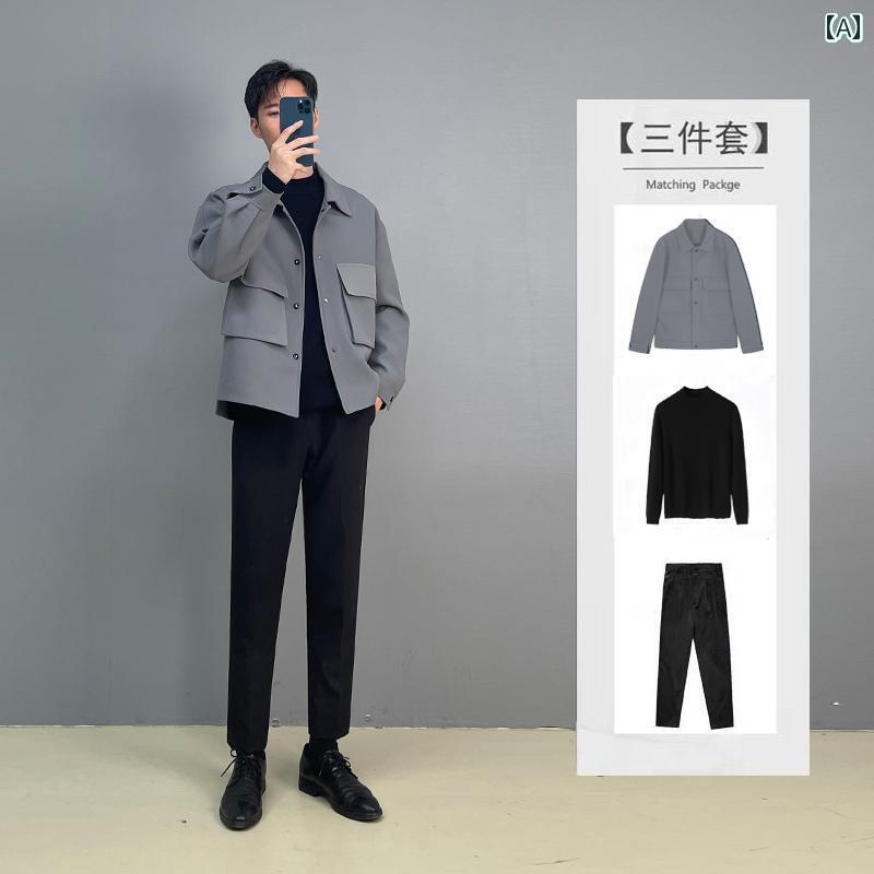 トップス　ジャケット　カジュアル 秋冬 ジャケット メンズショート カジュアル スーツ 軽量 大人 スタイル ファッション メンズ 服 セット