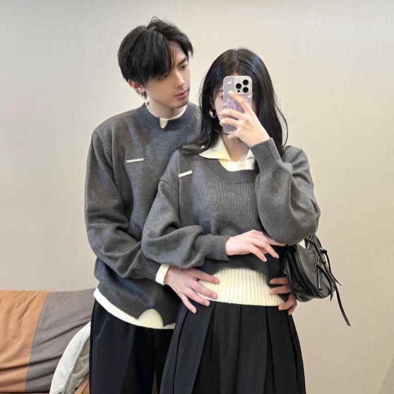トップス　ジャケット　カジュアル 秋冬 カップル セーター グレー 高級 ツーピース スーツ 韓国 ニット 男女 2024