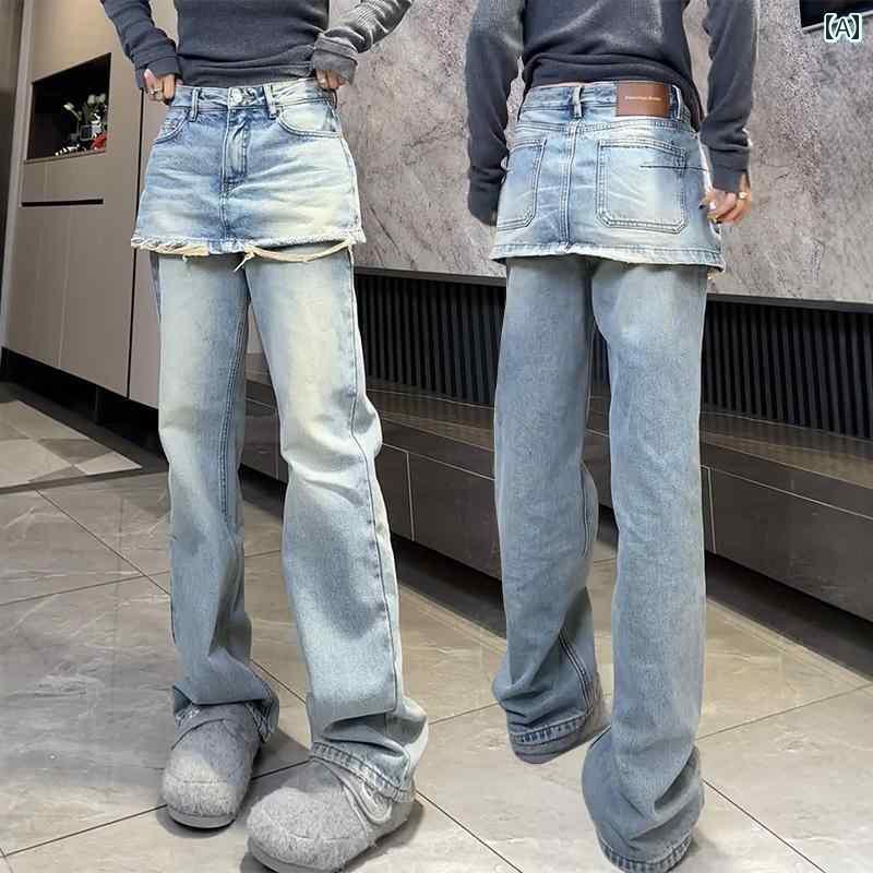 レディース　スカート　かわいい 大きいサイズ ハイウエスト フェイク ツーピース デニムスカート パンツ レディース 春夏 mm スリム カジュアル ストレート フロア レングス ワイド レッグ