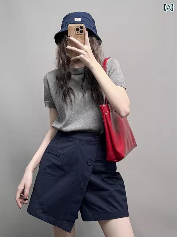 レディース　スカート　かわいい ダーク ブルーの 不規則な ハイウエスト スカート パンツ 女性用 大きめ サイズ 太めの mm ヒップを カバー する 夏用 aライン の ワイド レッグ ショーツ