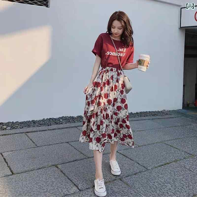 レディース　カジュアル　ファッション 駅 2025 夏の 花柄 スカート 美しく 見事な な 韓国 ツーピース スーツ 女性用