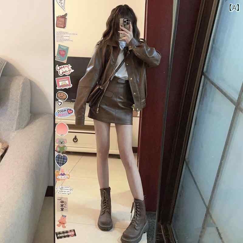 レディース 心地好い 流行り物 韓国 レトロ 自動二輪車 服 PU なめし革上衣 御居処 さあ美 遊撃手 スコート ウエスタン表現スタイル 背広 背広 レディース 日月