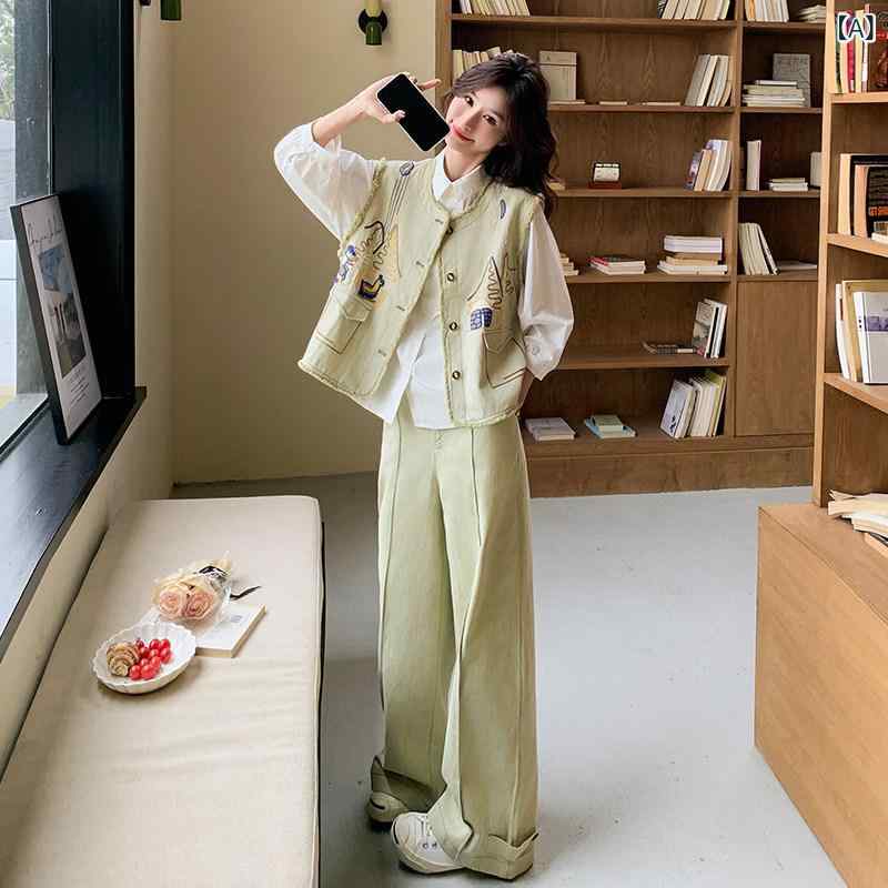レディース　カジュアル　ファッション デニム 刺繍 ベスト ファッション スーツ 女性 2025 スタイル スーパー ホット ウェア ワイド レッグ パンツ スリーピーススーツ 完全な セット