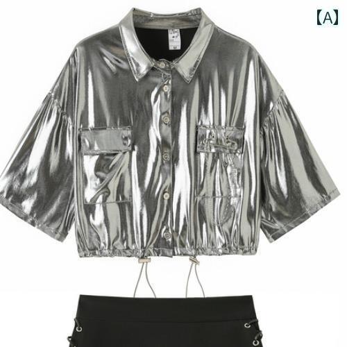 子供服　ダンス　ヒップホップ シルバー 半袖 ウエスト シャツ ジャケット チアリーディング パフォーマンス 服 DS 女性 ヒップ ホップ モダン ダンス 練習 スーツ 夏