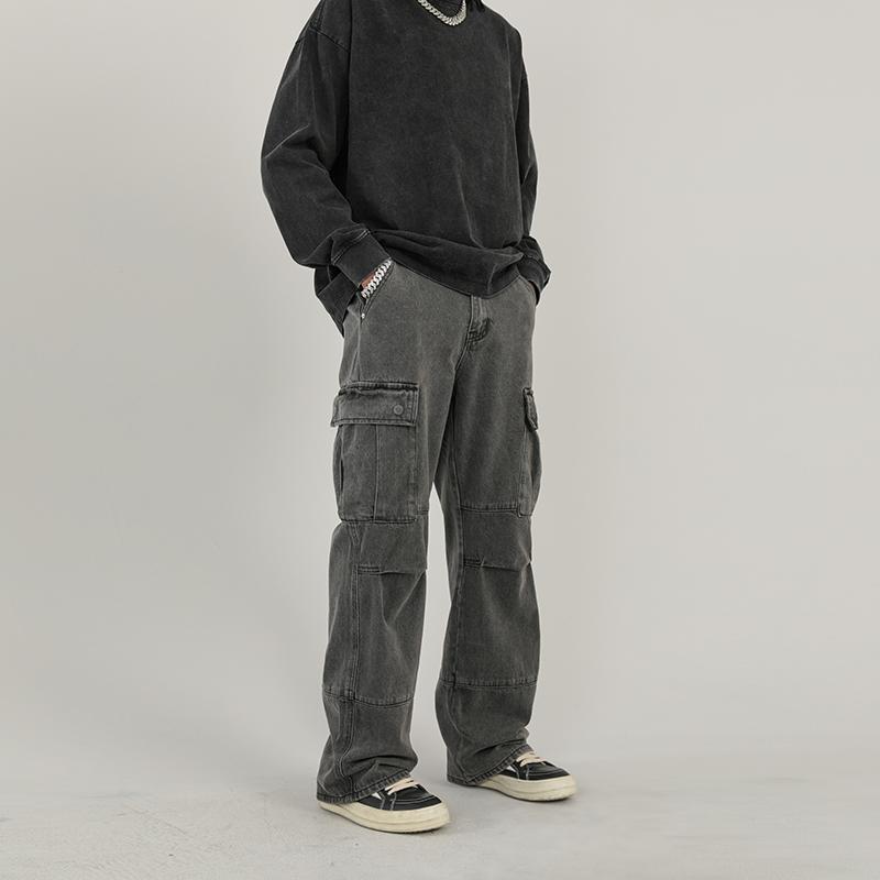 ストレート ジーンズ パンツ アメリカ ストリート ウォッシュ 加工 ダメージ シワ パッチワーク マルチ ポケット メンズ レトロ ストレート ジーンズ