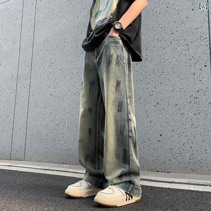 引っ切りない デニム ズボン下 メンズ 甚だしい グラフィティの ゆったり 広広とした レッグ デニム。 アメリカン 不都合 工業の レトロ ウォッシュ ノスタルジックな 太陽フレア 引っ切りない ズボン下。