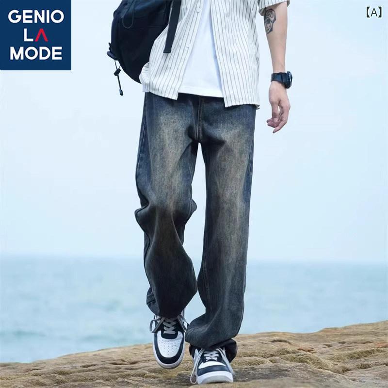 ストレート　ジーンズ　パンツ GENIOLAMODE レトロ ウォッシュド ジーンズ メンズ 春秋 カジュアル ストレート パンツ