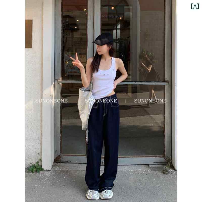 ストレート ジーンズ パンツ SUNONEONE レトロ ダーク ブルー ジーンズ レディース 夏 ゆったり アメリカン スタイル ローウエスト ストレート ワイド レッグ パンツ|SEIYUショップ