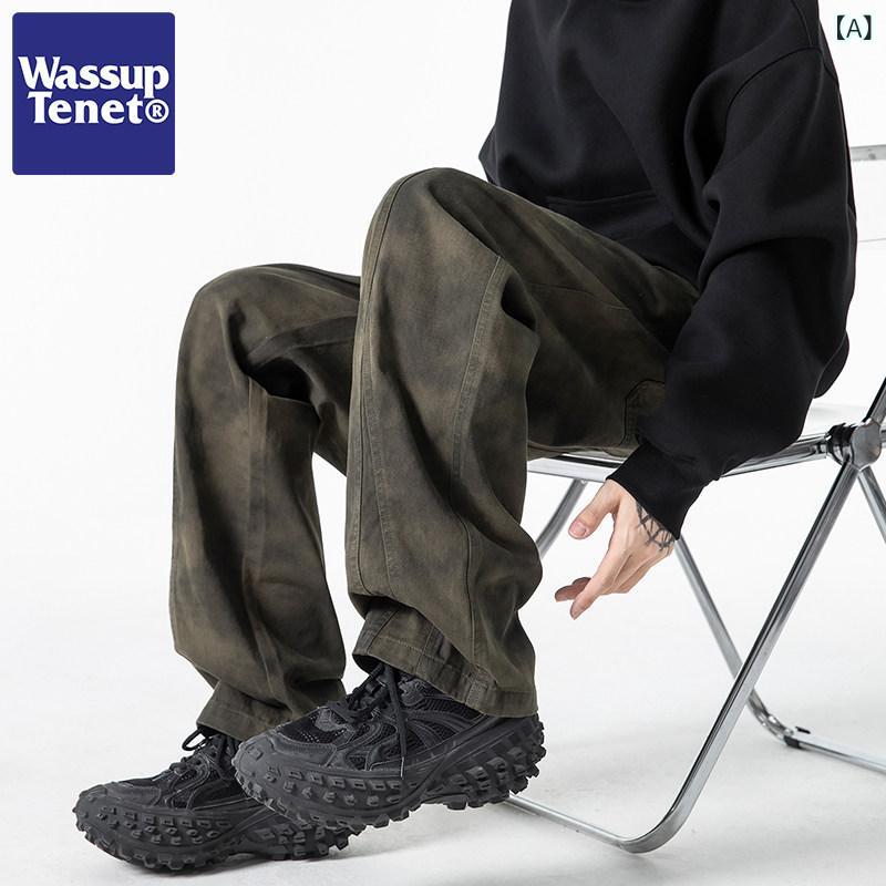 ストレート ジーンズ パンツ Wassup テネット ダーティ オールド レトロ カジュアル パンツ メンズ 春秋 ゆったり ストレート ワークウェア