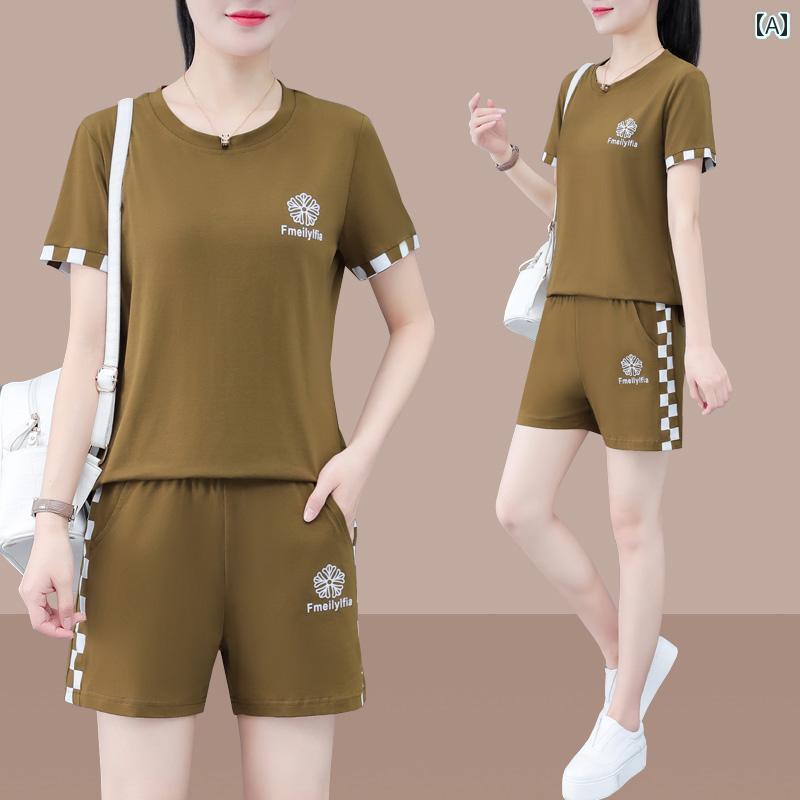 半袖　上下　レディース 綿 半袖 ショート パンツ スポーツ スーツ 女性 夏 2025 中年 ママ ゆったり おしゃれ ツーピース