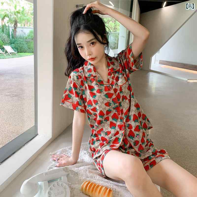 レディース　半袖　ショート パジャマ レディース 夏 半袖 ショート パンツ ストロベリー 冷感 薄手 ツーピース スーツ イン スタイル コットン シルク ホームウェア