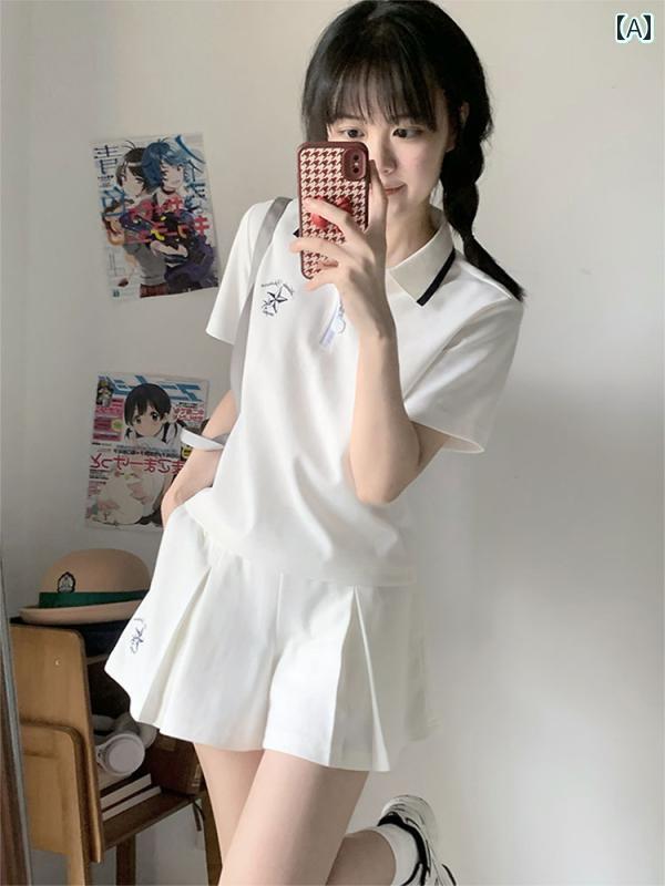 レディース　半袖　ショート カレッジ スポーツ スーツ 女性用 夏 ファッション スリム ゆったり 韓国 学生 半袖 スカート パンツ カジュアル ツーピース