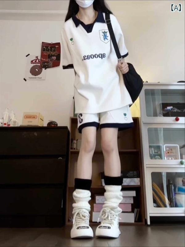 レディース　半袖　ショート カレッジ スタイル アメリカン カジュアル スポーツ スーツ 女性 ファッション 夏 学生 ゆったり ポロシャツ 半袖 ショート パンツ ツーピース