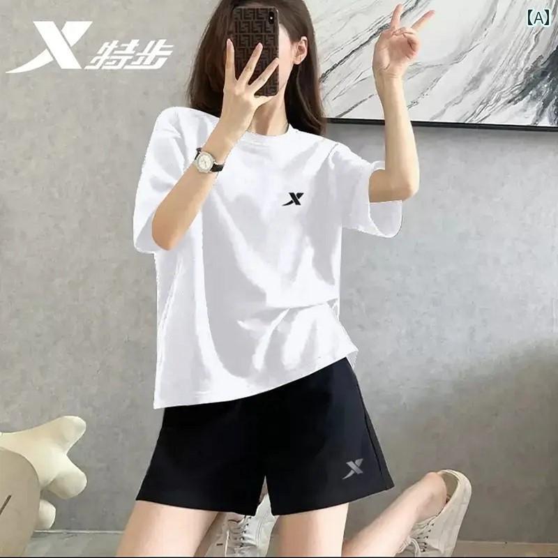 レディース　半袖　ショート Xtep スポーツ スーツ レディース 冷感 通気性 夏 スタイル 速乾 トップス 半袖 ゆったり 大きいサイズ ショート パンツ ツーピース