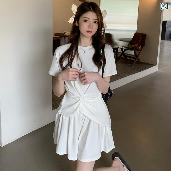 レディース　半袖　ショート ガールフレンドの 衣装 な 夏の カジュアル スーツ 女性 不規則な 半袖 ショート パンツ スカート ツーピース