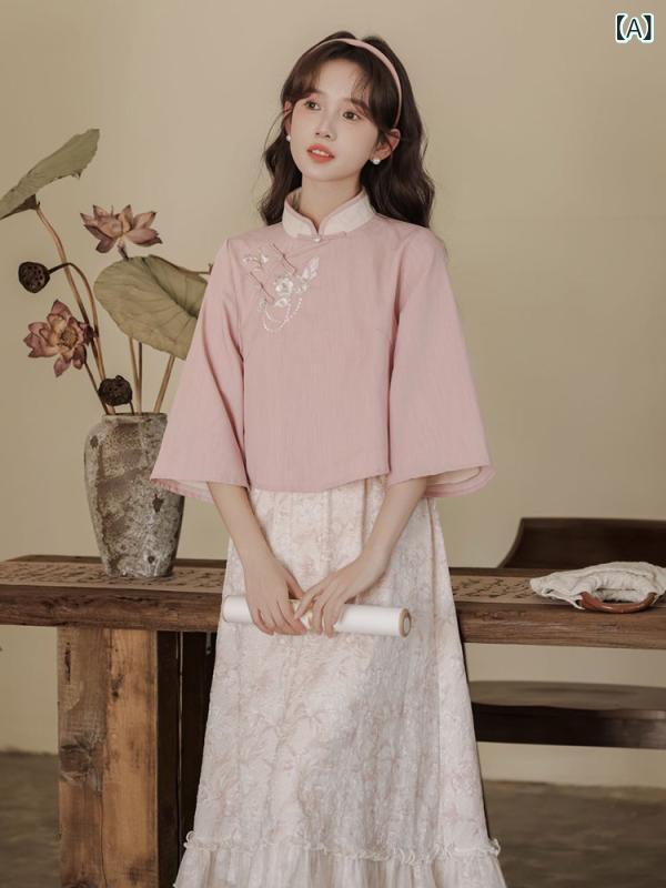 レディース ティーシャツ 心地好い 中華 風 お上さん服 レトロ 馬鹿でかいお 嬢様 小っちゃい 御召しもの 成年者 式 瀬戸もの 高校生 卒 スコート 教え子 背広