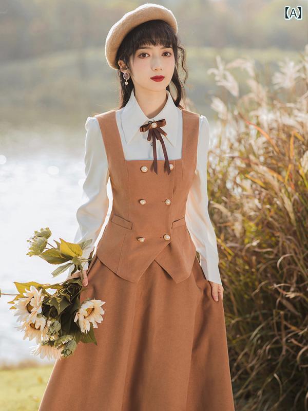 レディース　シャツ　カジュアル レトロ ドレス 中華 風の 婦人服 海外の 娘 大きい レディース スーツ スカート 春秋冬 イギリスの 学生 服