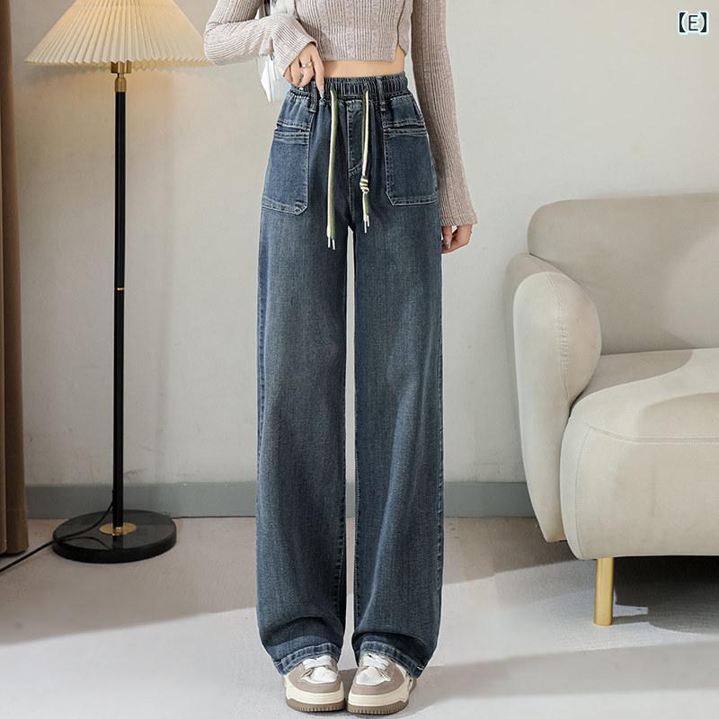 ストレート　生地　パンツ 伸縮性の ある ウエストの ワイド レッグ ジーンズ 女性用 2025 春夏 ハイウエスト スリム 小柄 ゆったり ストレート パンツ
