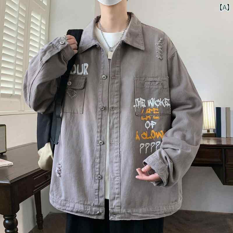 メンズ　カジュアル　ファッション メンズ デニムジャケット ハイエンドで クールな 秋 ウォッシュ 加工と ダメージ 加工の ワークウェア ジャケット ティーンエイジャー向けな コート