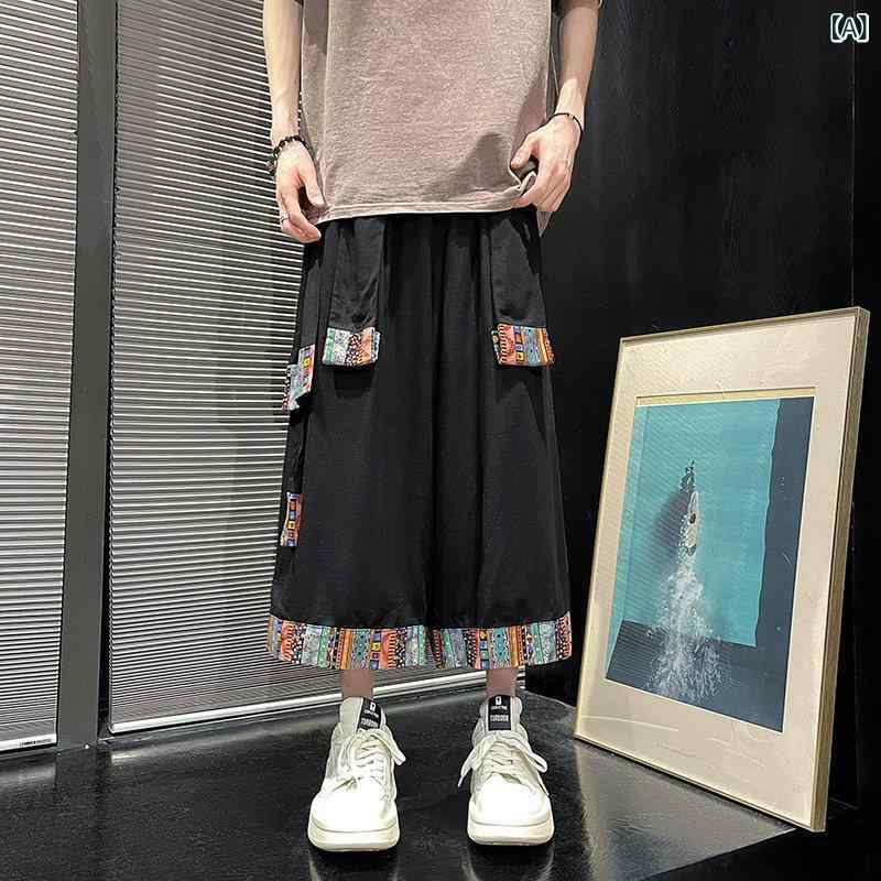 メンズ　カジュアル　ファッション ランタン クロップドパンツ メンズ ナショナル 大きいサイズ マン リネン ワイド レッグ パンツ 夏 チベット 民族 風 プリント ストレート