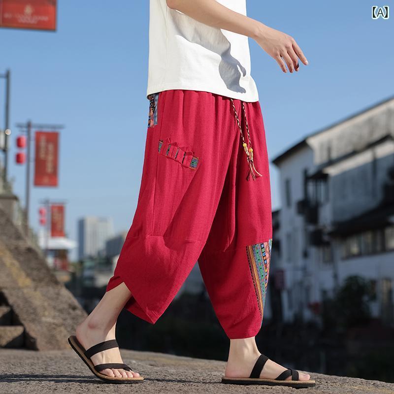 メンズ　カジュアル　ファッション クロップドパンツ メンズ ショート パンツ チャイナ風 チベット プリント 夏 薄手 大きいサイズ ゆったり リネン ワイド レッグ カジュアル