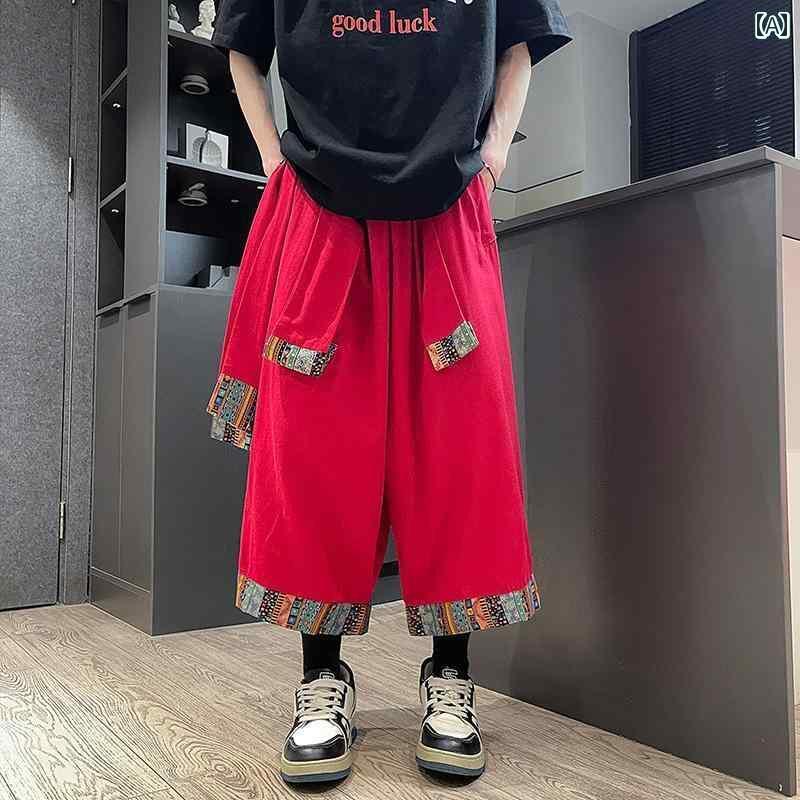 メンズ　カジュアル　ファッション リネン ショート パンツ メンズ 薄手 カジュアル クロップドパンツ チャイナ風 レトロ エスニック プリント スポーツ ビーチ